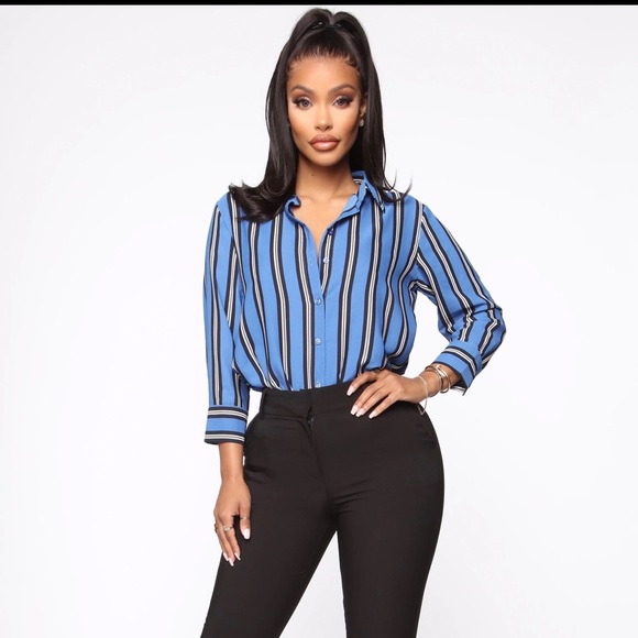 Blue stripe button down blouse - Picture 1 of 3